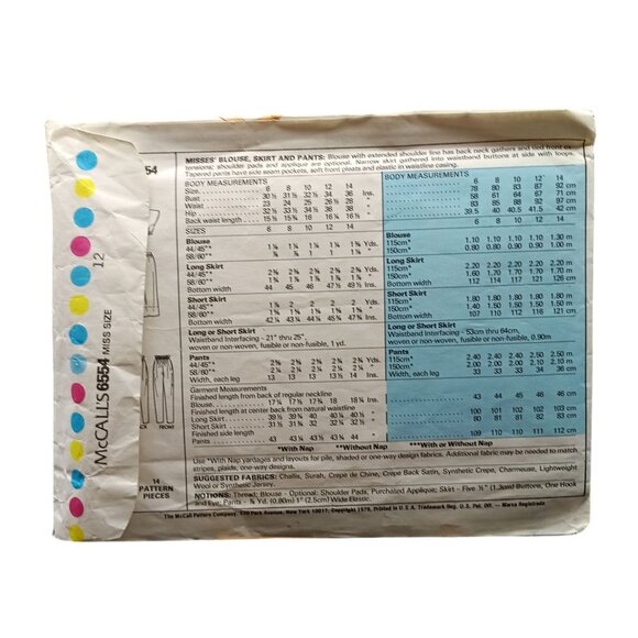 McCalls 6554 Misses Blouse Skirt & Pants Sewing Pattern Size 12 Vintage 1979 - Picture 2 of 2